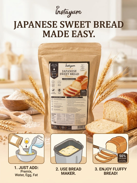 Instayum Premium Japanese Sweet Bread Premix – Soft & Fluffy Bread Maker Mix for BreadMaker Machine, 600g